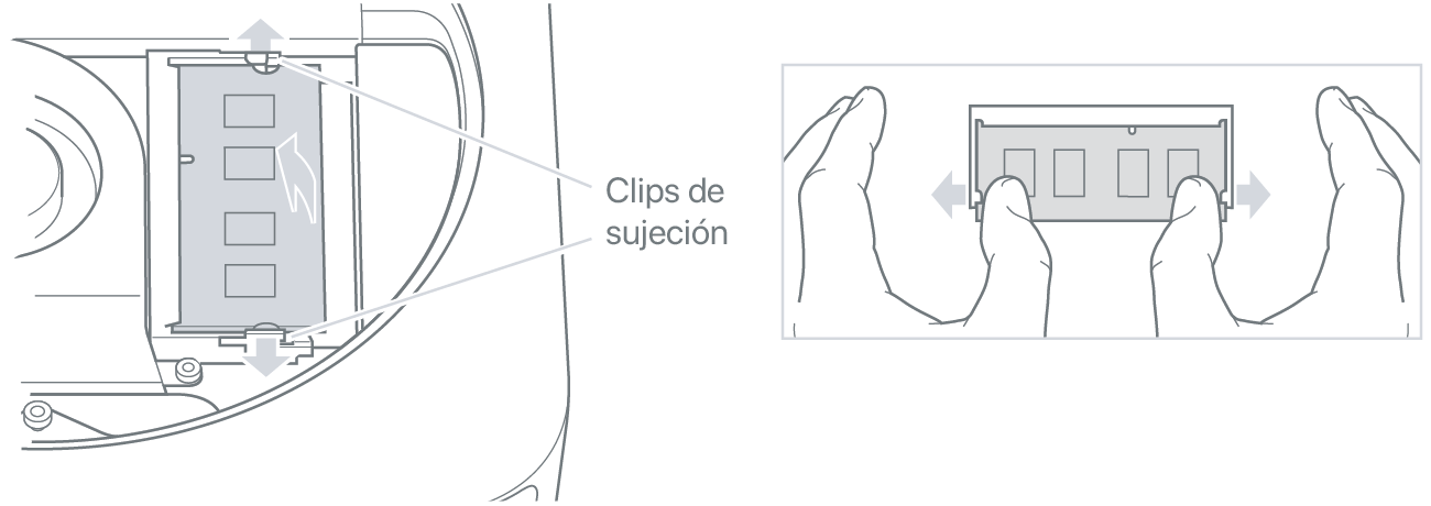 Dos manos separando los ganchos de sujeción para aflojar un módulo de memoria