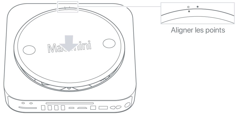 Un Mac mini vu du dessous, avec le couvercle inférieur en position déverrouillée