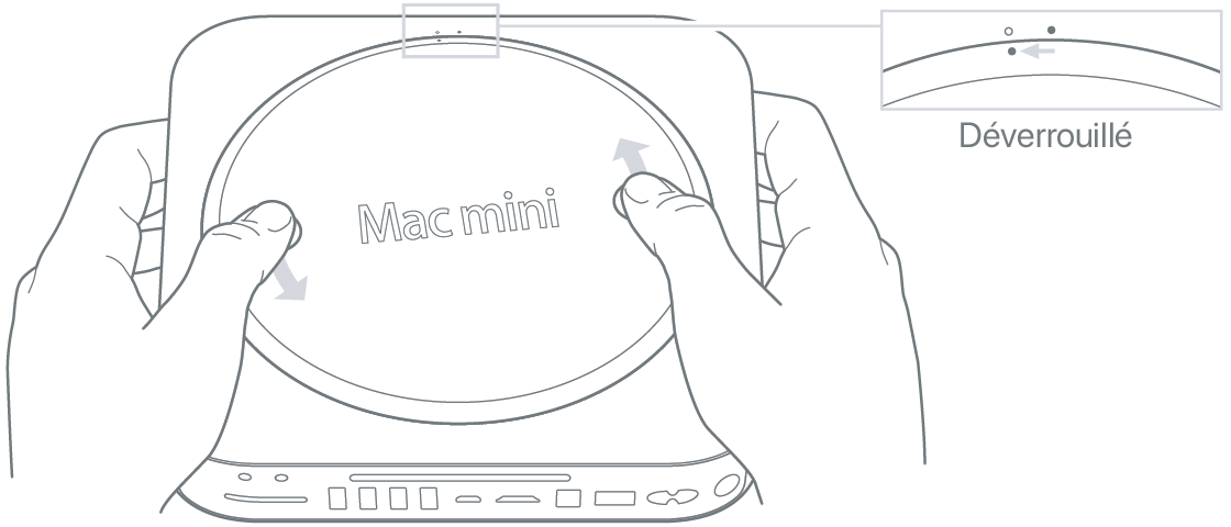 Deux mains faisant pivoter le couvercle inférieur du Mac mini