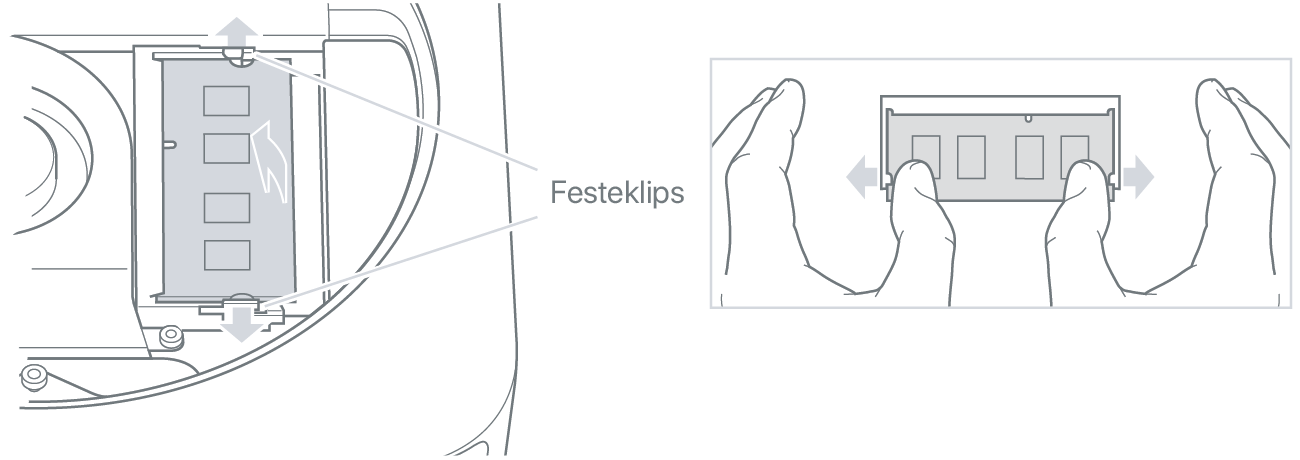 Twee handen die de klemmen spreiden om een geheugenmodule los te maken