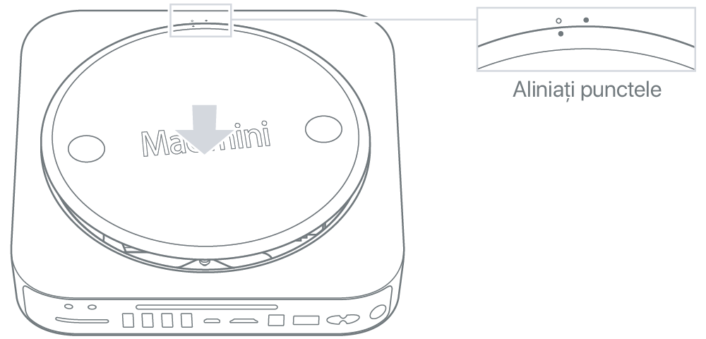 Partea inferioară a computerului Mac mini, ilustrând capacul inferior în poziția de deblocare