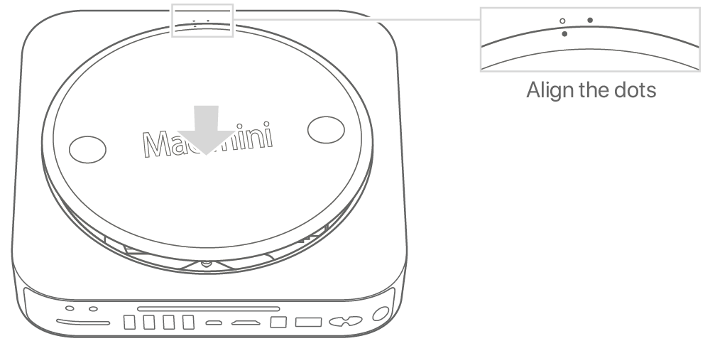 ด้านล่างของ Mac mini ที่แสดงฝาครอบด้านล่างในตำแหน่งปลดล็อค