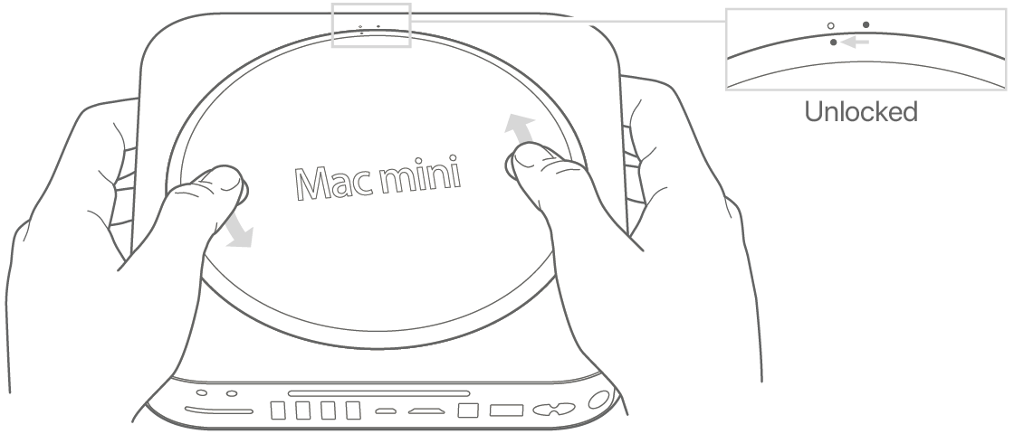 ใช้สองมือหมุนฝาครอบด้านล่างของ Mac mini