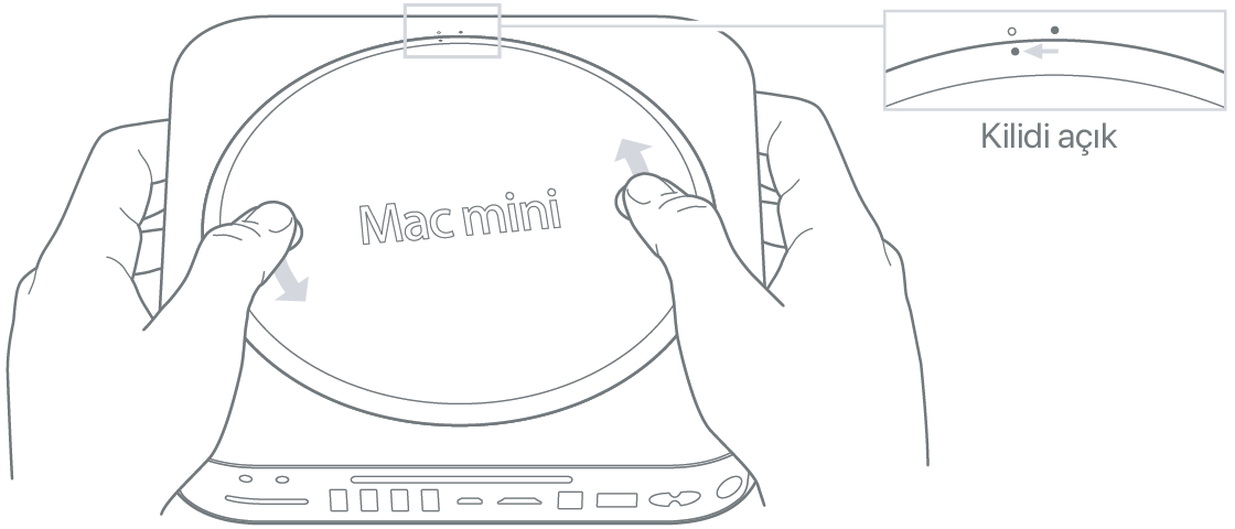 Mac mini bilgisayarın alt kapağını döndüren iki el