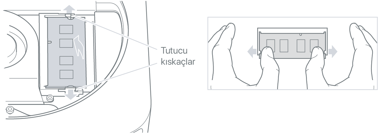 Bellek modülünü gevşetmek için tespit klipslerini açan iki el