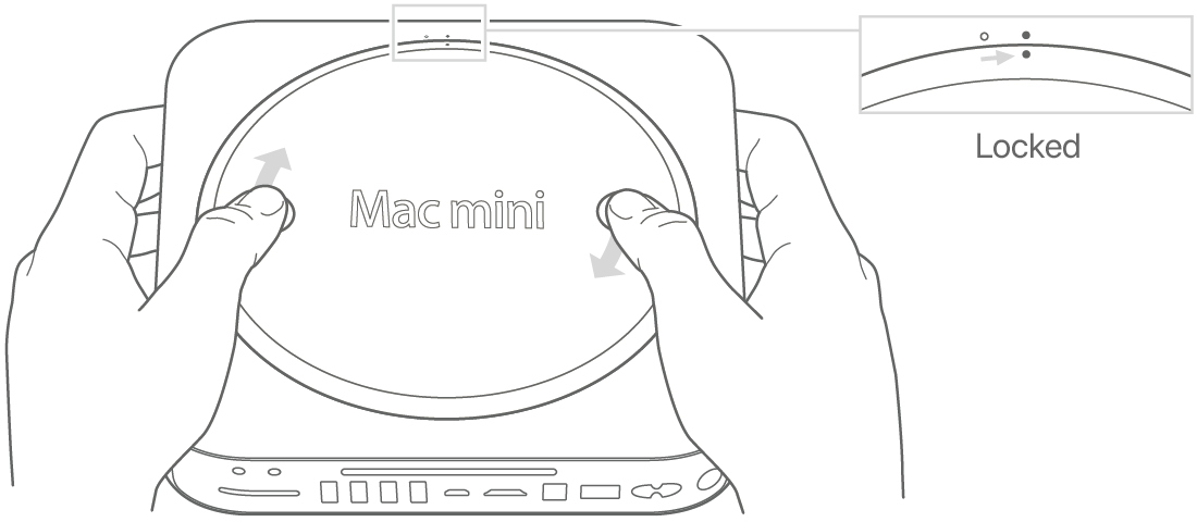 Underside of Mac mini showing bottom cover in locked position