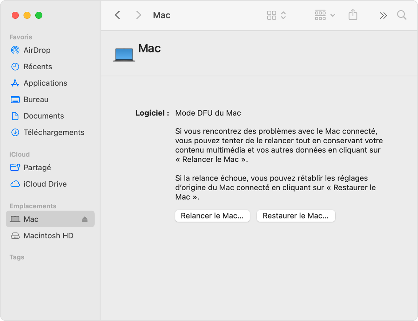 Fenêtre du Finder affichant « Mac » sélectionné dans la barre latérale