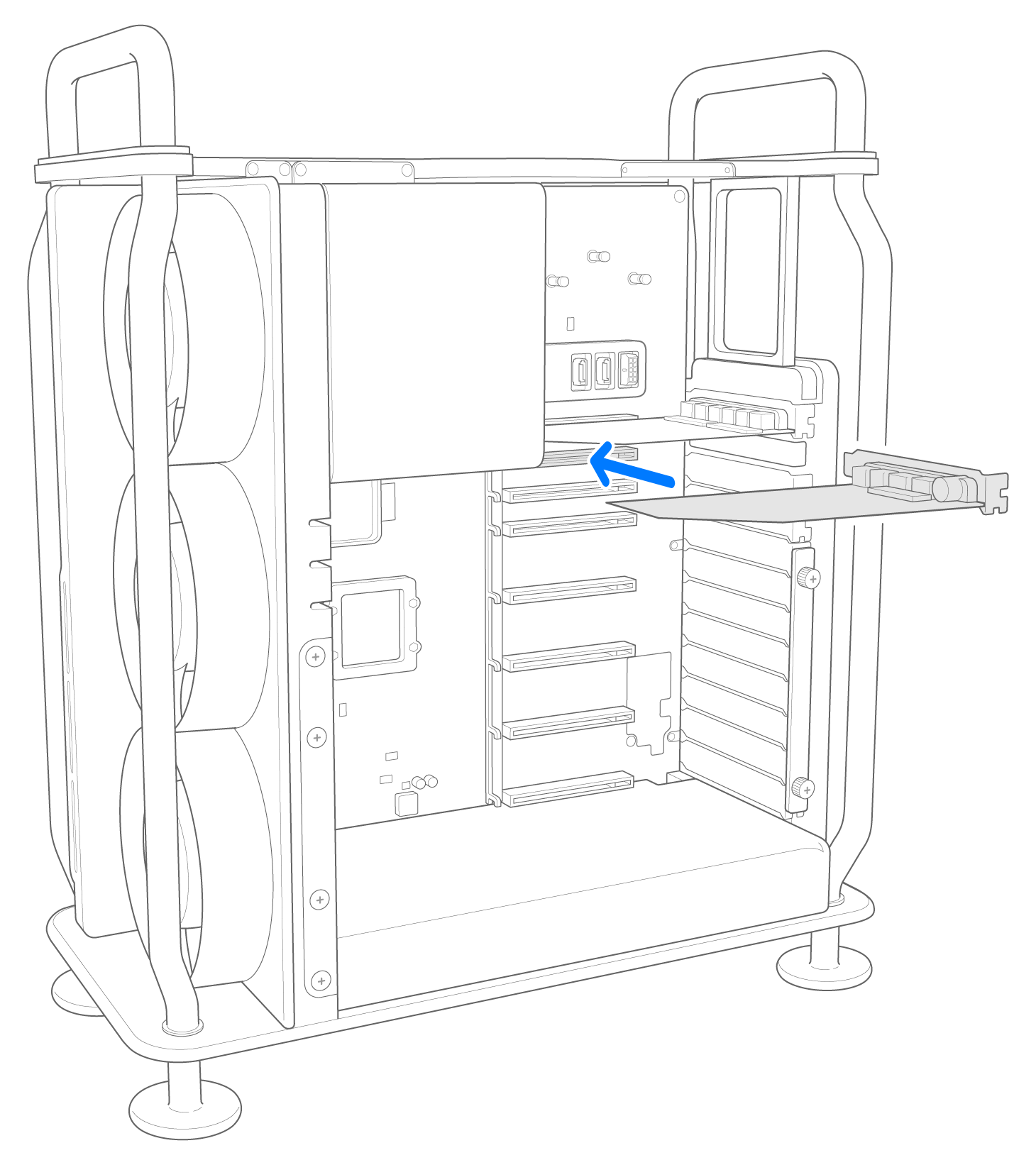 Inserting the Apple I/O card into slot 7 on Mac Pro (2023)