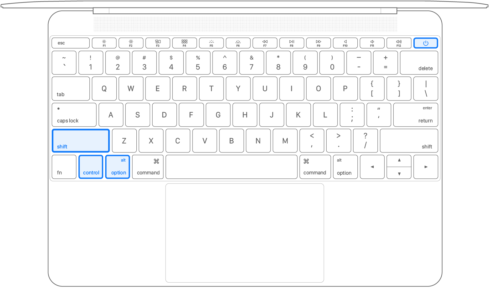 Vista superior del teclado de una computadora portátil con las cuatro teclas resaltadas