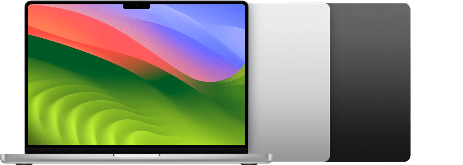 MacBook Pro (14″, November 2023) in Silber und Space Schwarz.