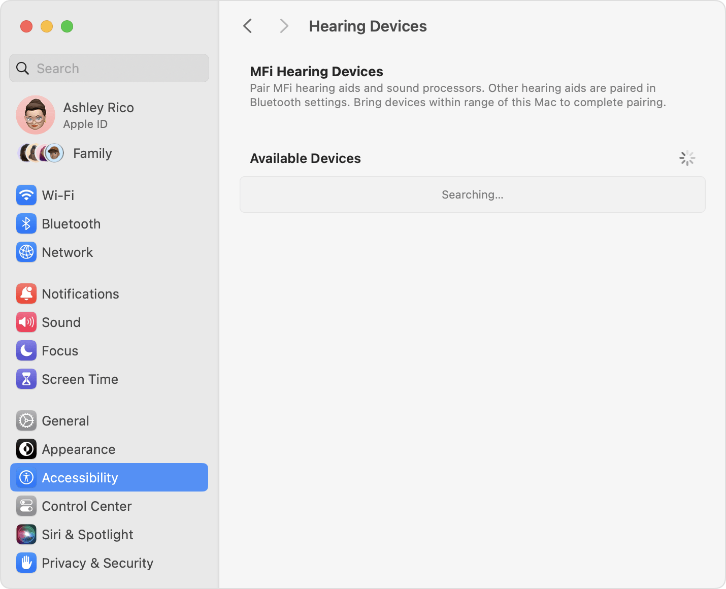 Hearing Devices settings when searching for MFi hearing devices