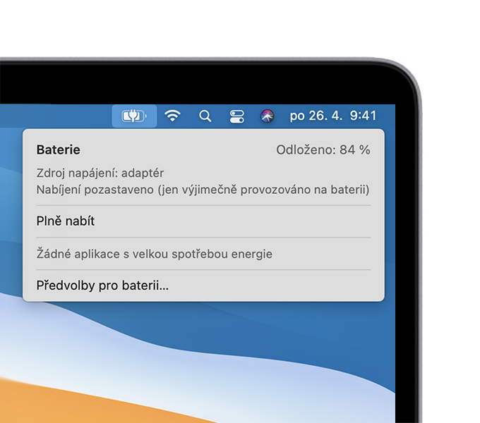 Stavová nabídka baterie v macOS se zprávou Nabíjení pozastaveno (jen výjimečně provozováno na baterii)