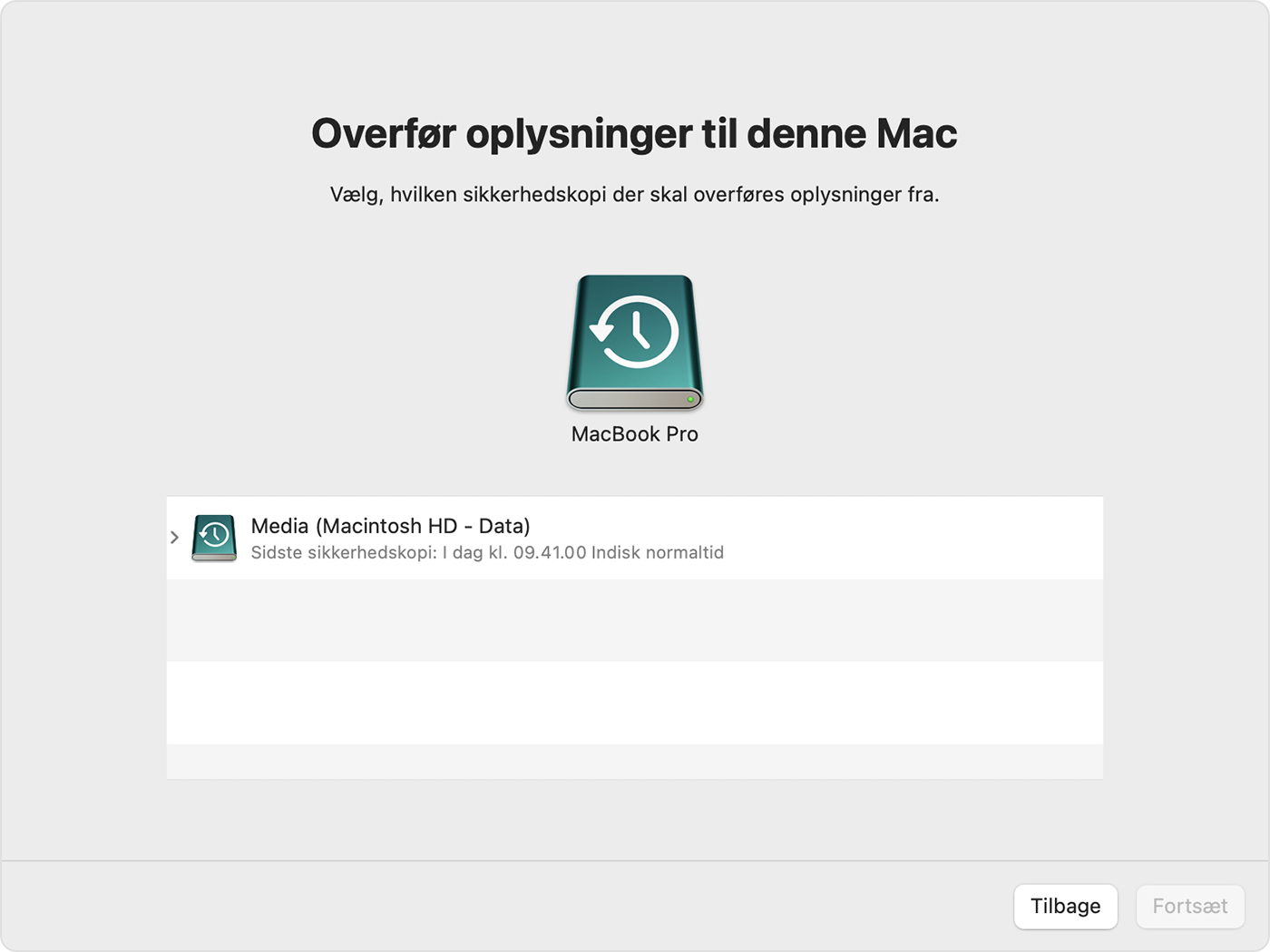 Overførselsassistent: Vælg sikkerhedskopi