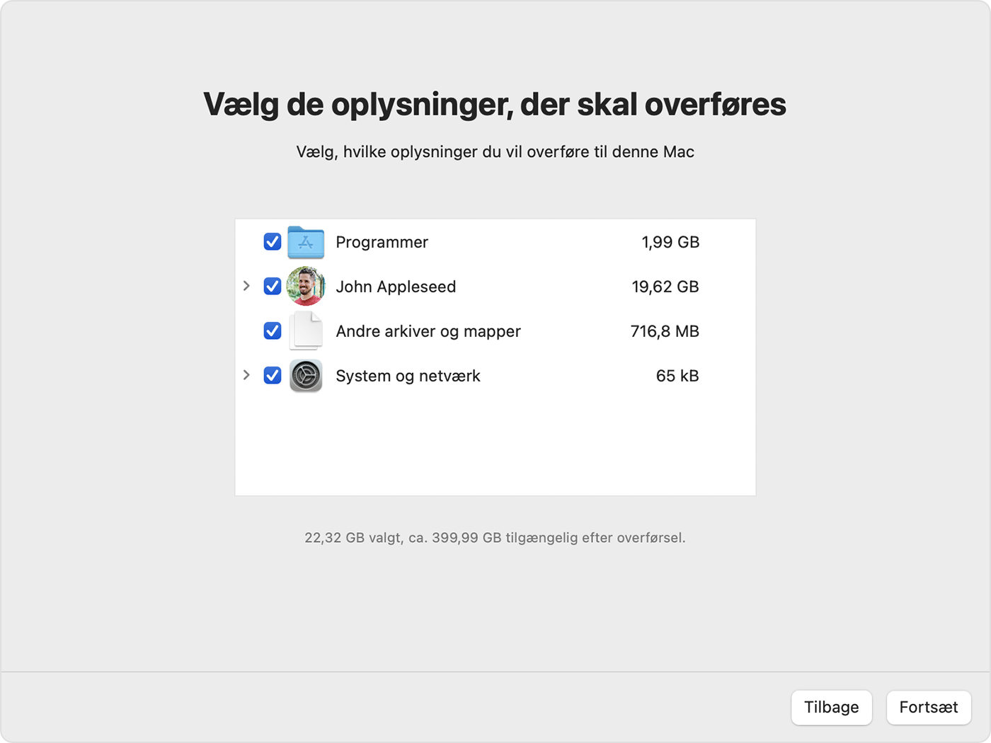 Overførselsassistent: Vælg de oplysninger, der skal overføres