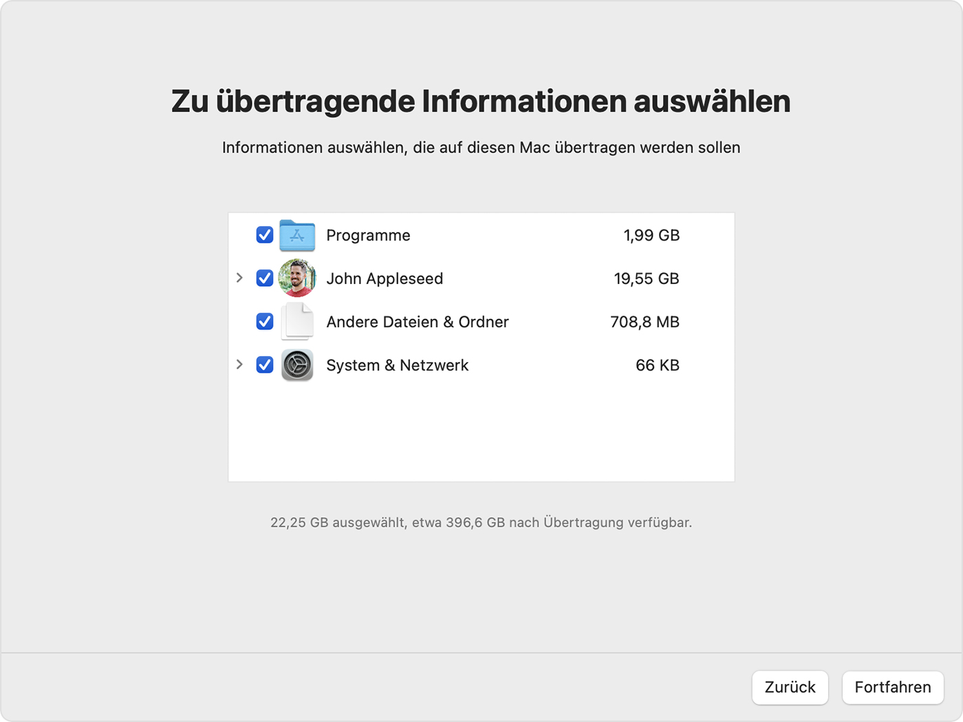 Migrationsassistent: Zu übertragende Daten auswählen