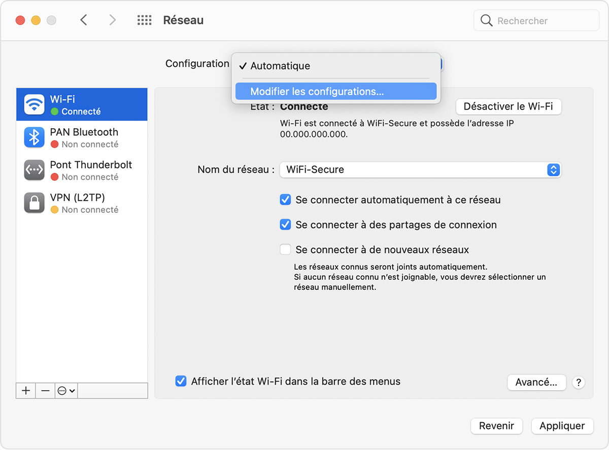 Menu local Configurations dans les préférences Réseau