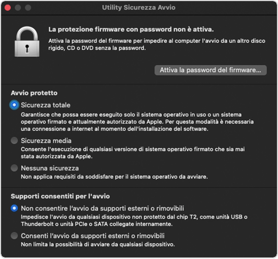 Finestra di Utility Sicurezza Avvio