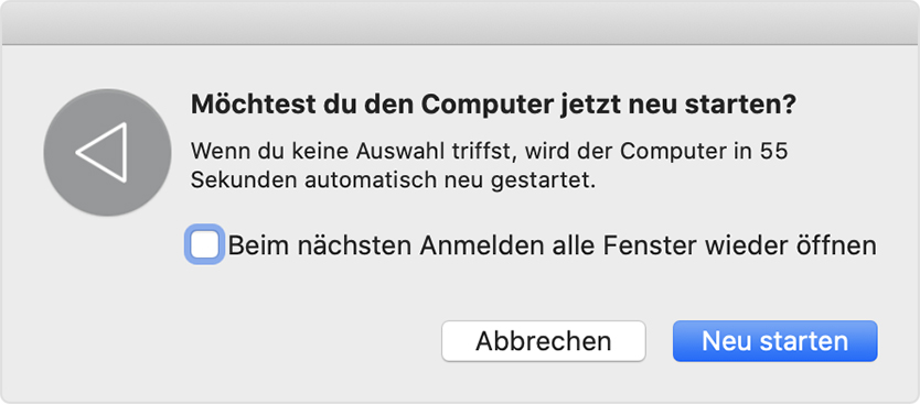 Dialogfenster: Möchtest du den Computer jetzt neu starten?