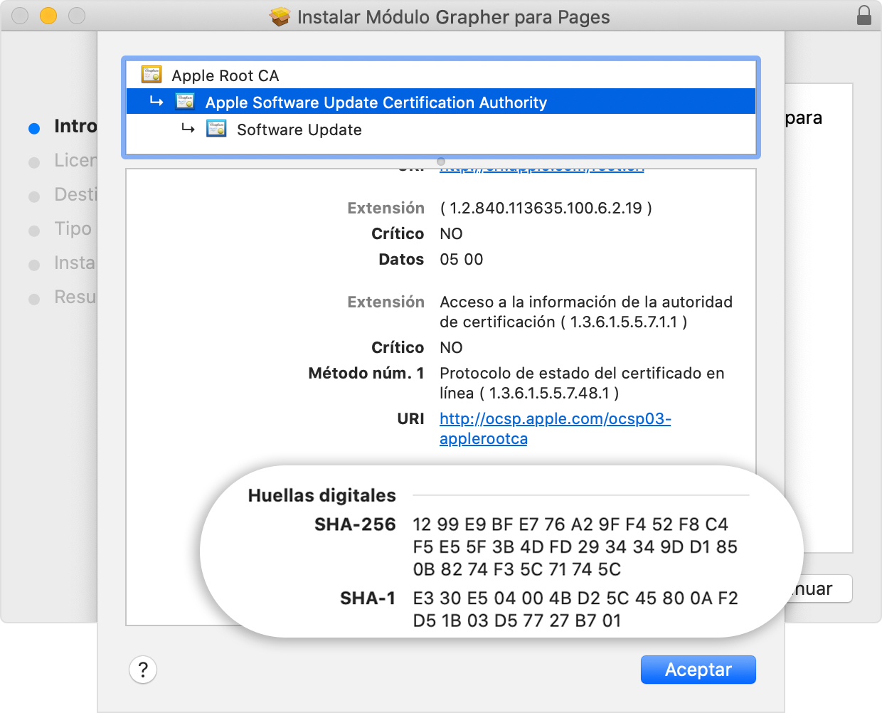 Installer window showing the fingerprints listed in the Details section