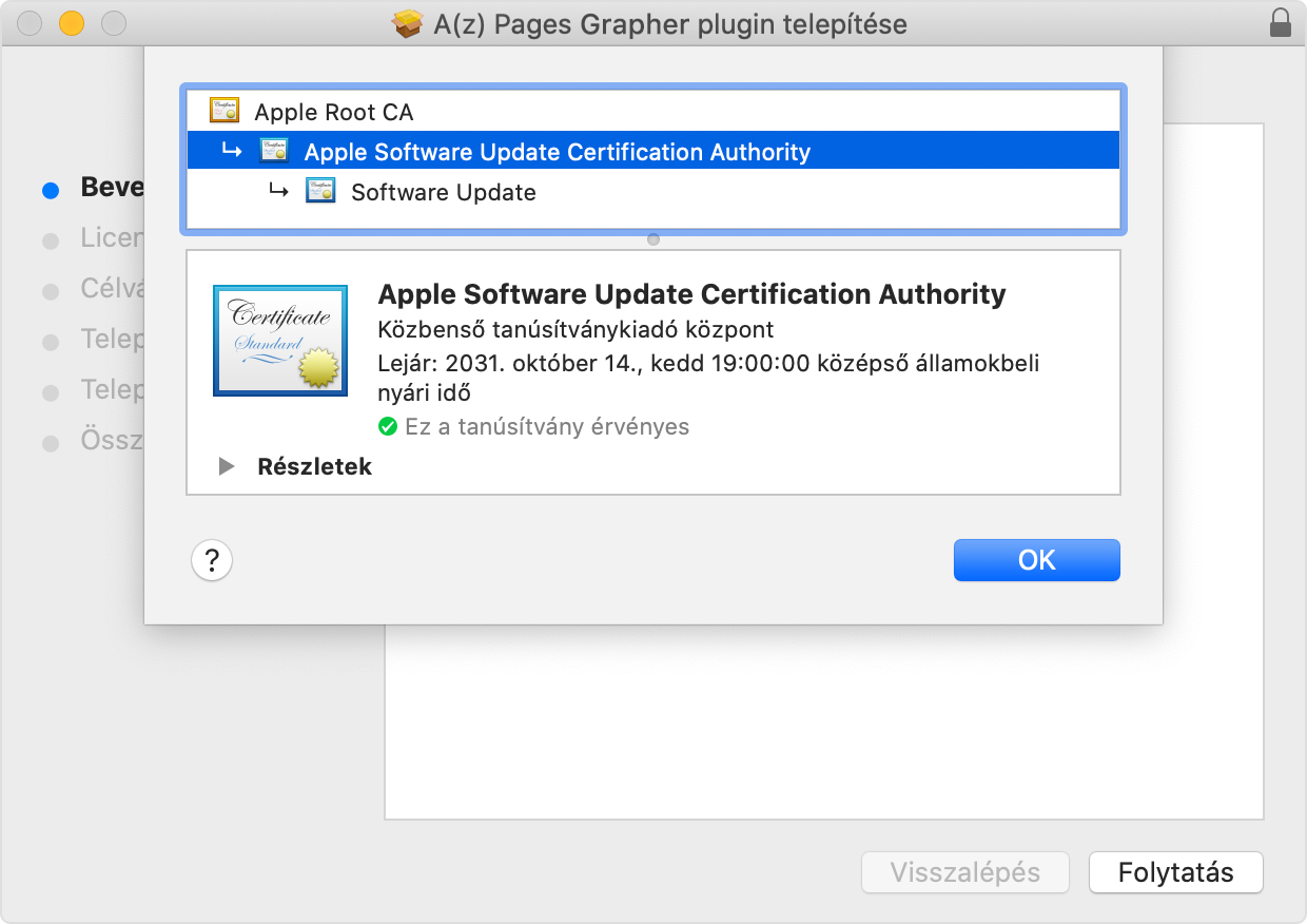 Installer window showing Apple Software Update Certificate Authority selected