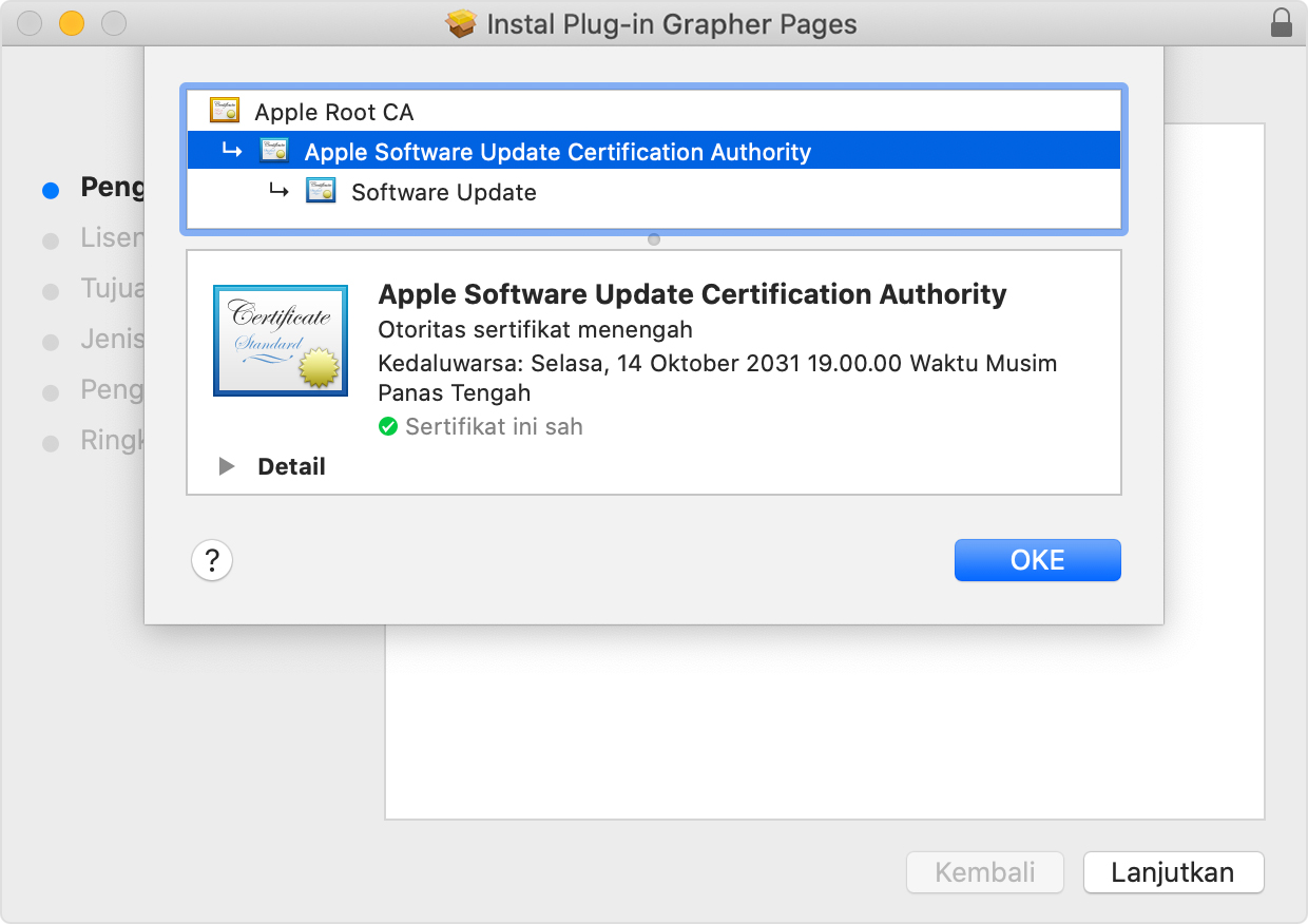 Installer window showing Apple Software Update Certificate Authority selected