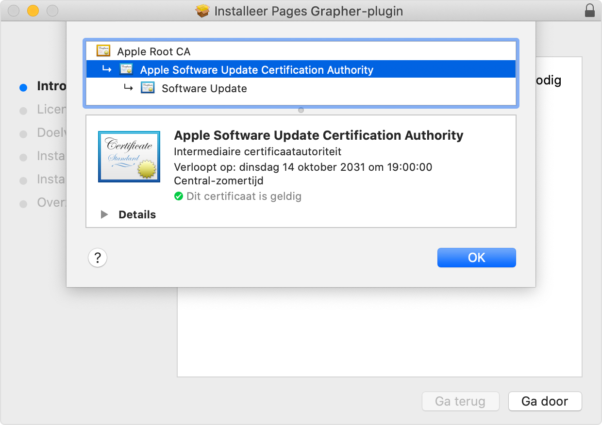 Installer window showing Apple Software Update Certificate Authority selected