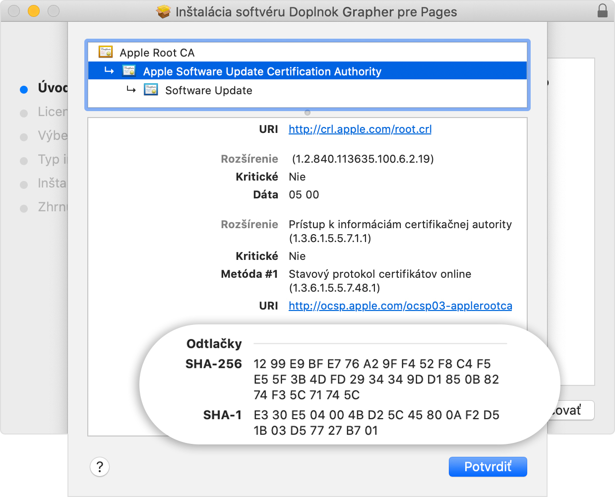 Installer window showing the fingerprints listed in the Details section