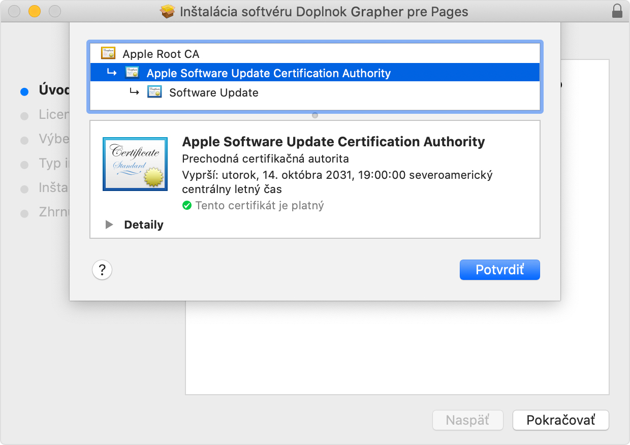 Installer window showing Apple Software Update Certificate Authority selected