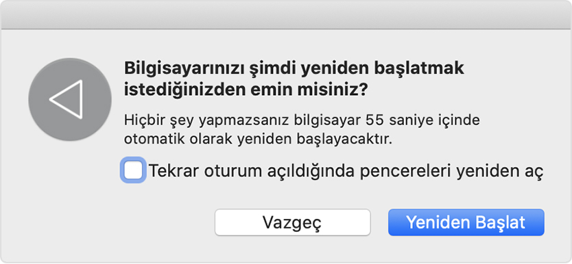 İletişim kutusu: Bilgisayarınızı şimdi yeniden başlatmak istediğinizden emin misiniz?