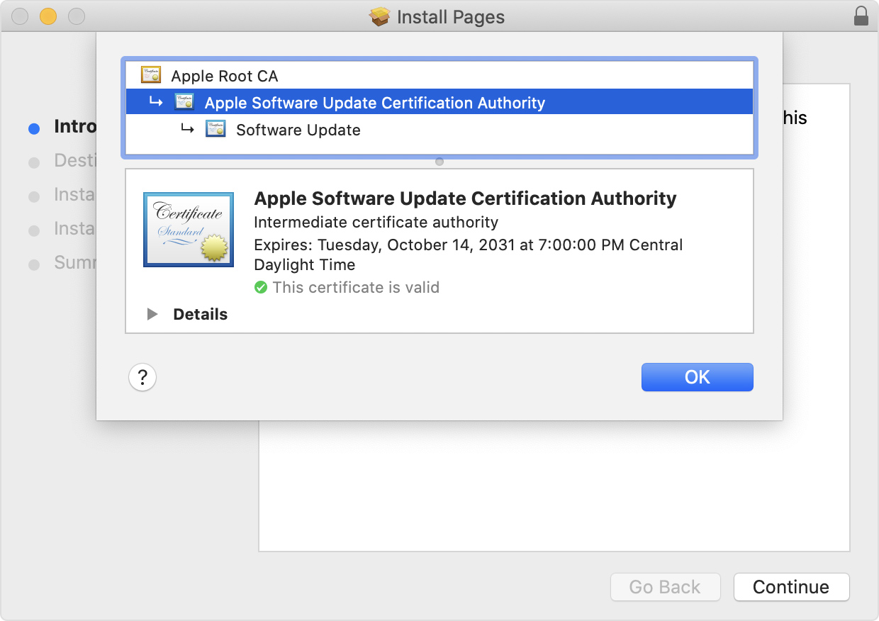 Installer window showing Apple Software Update Certificate Authority selected