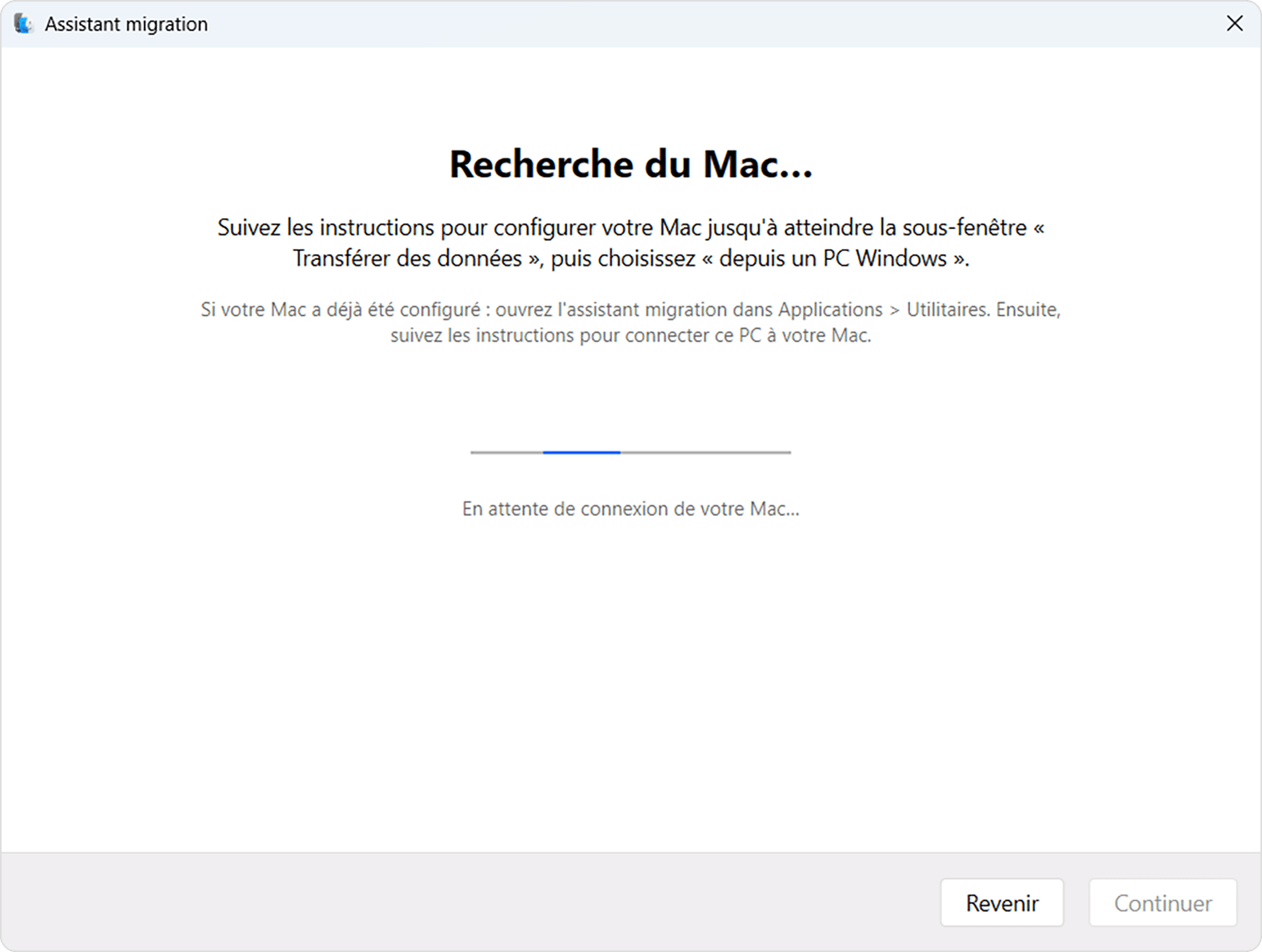 Assistant migration sur PC : recherche du Mac...