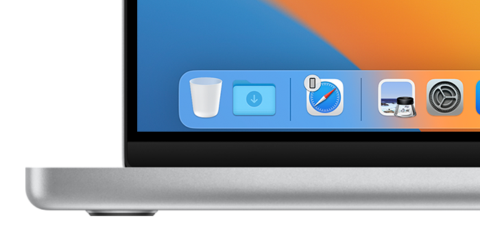 Dock ב-macOS, המציג את האייקון של Safari עבור Handoff