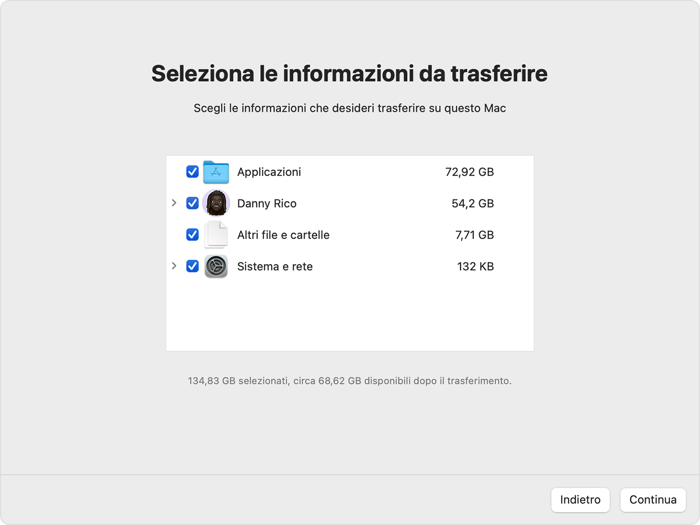 Assistente Migrazione che mostra le diverse categorie di informazioni.