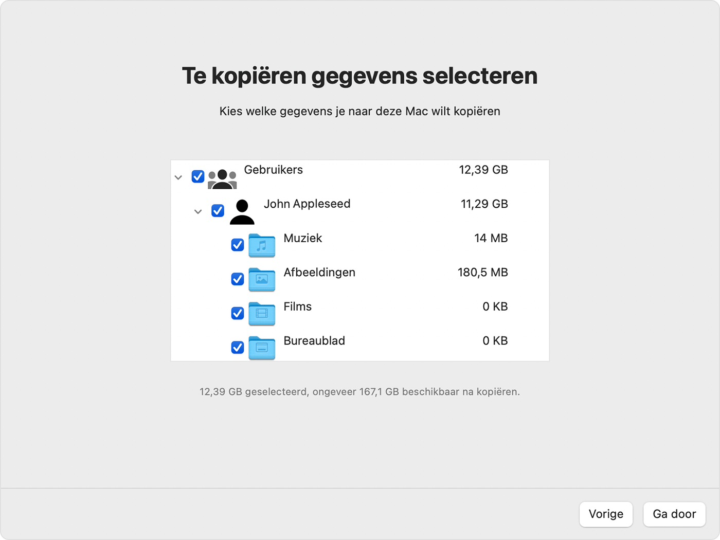 Migratie-assistent op Mac: selecteer gegevens om over te zetten