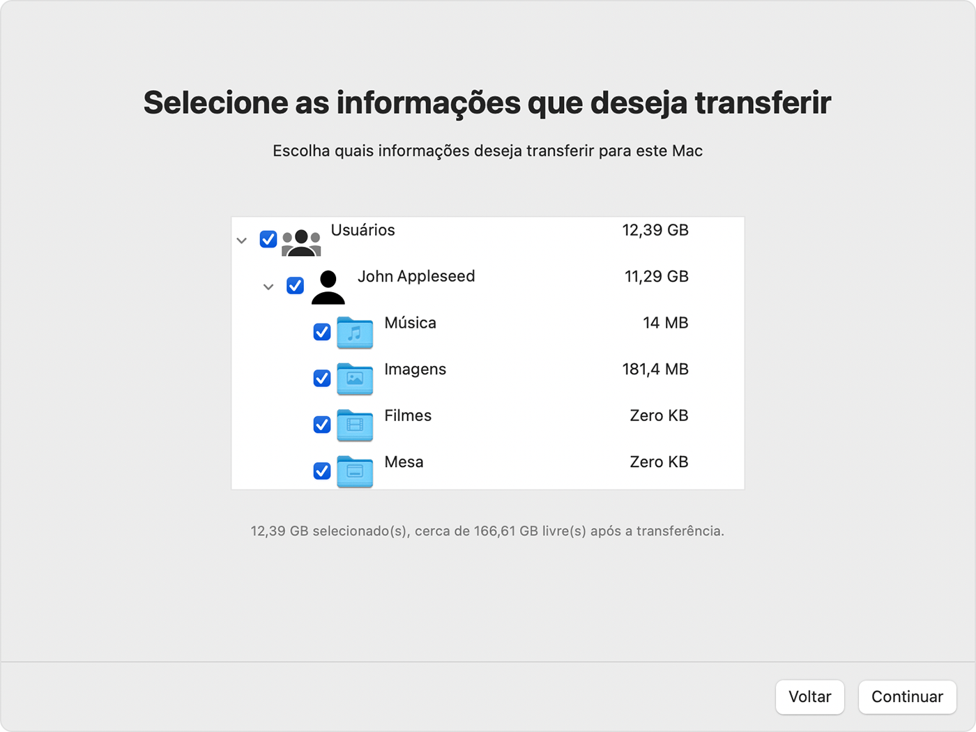 Assistente de Migração no Mac: selecione as informações para transferir