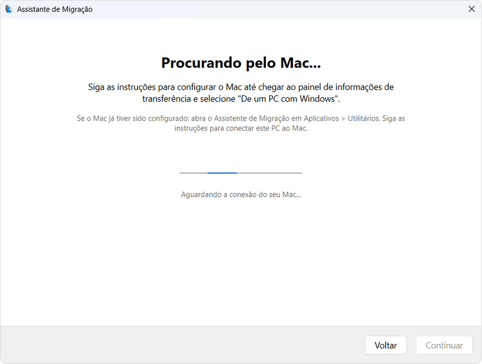 Assistente de Migração no PC: Buscando Mac...