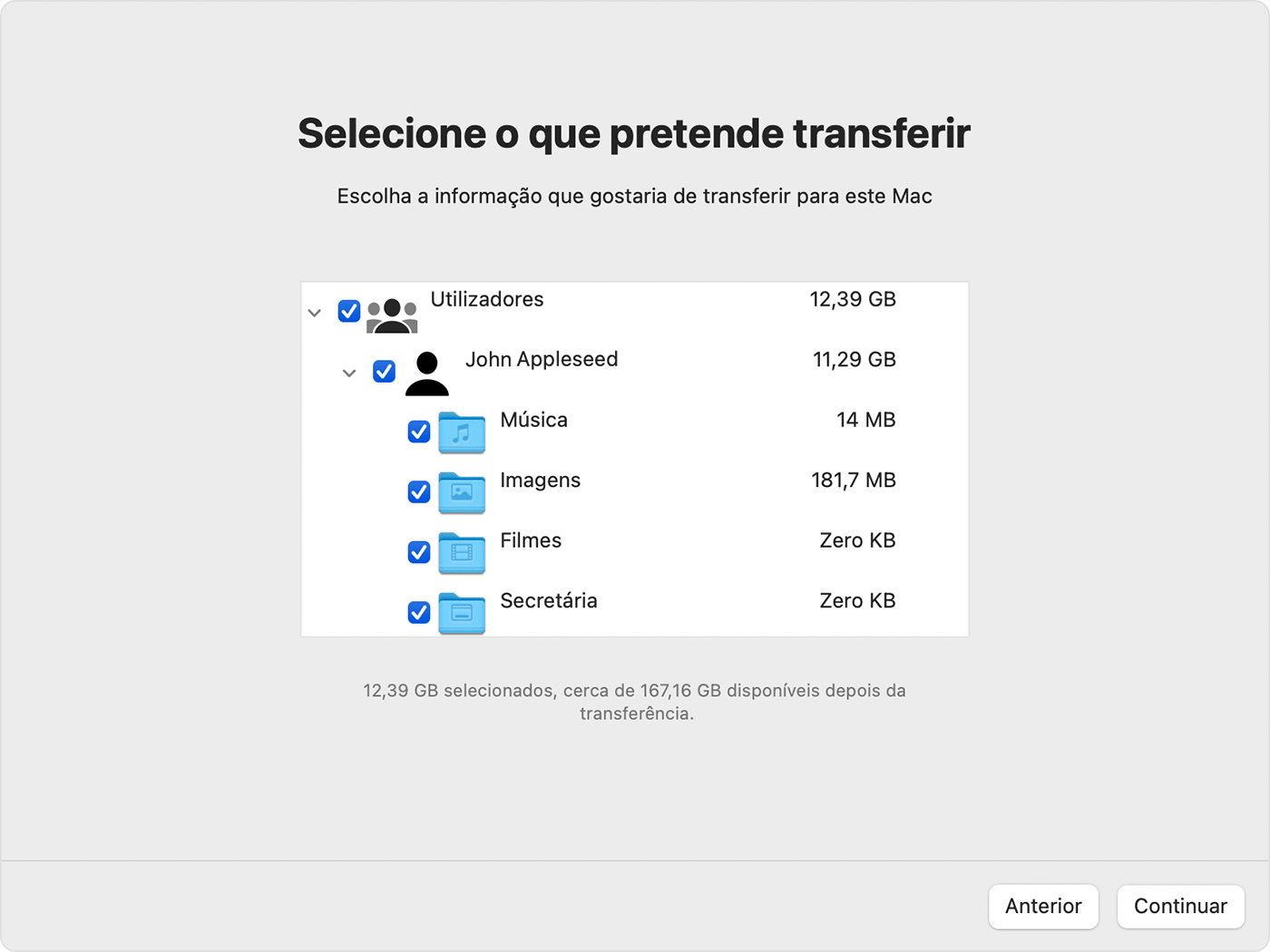 Assistente de migração no Mac: Selecionar informações a transferir