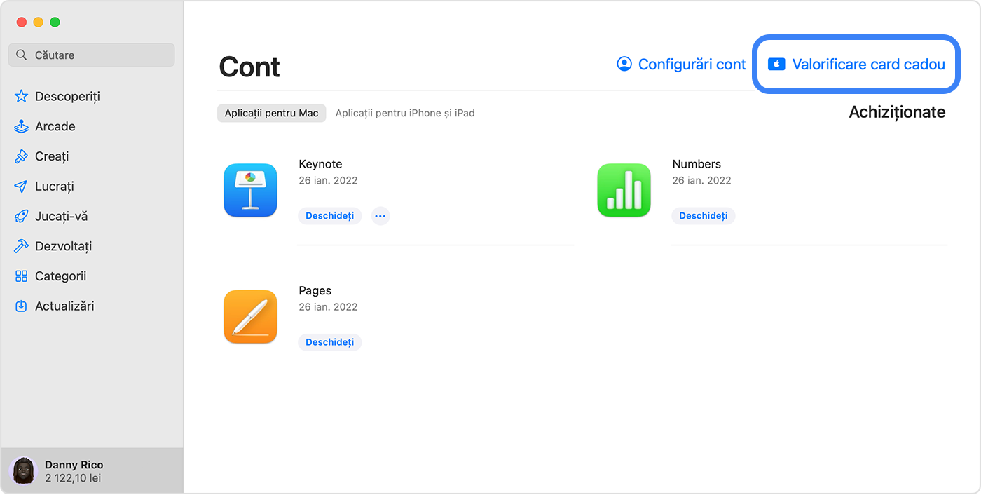 App Store pe un computer Mac afișând opțiunea de valorificare a unui card cadou