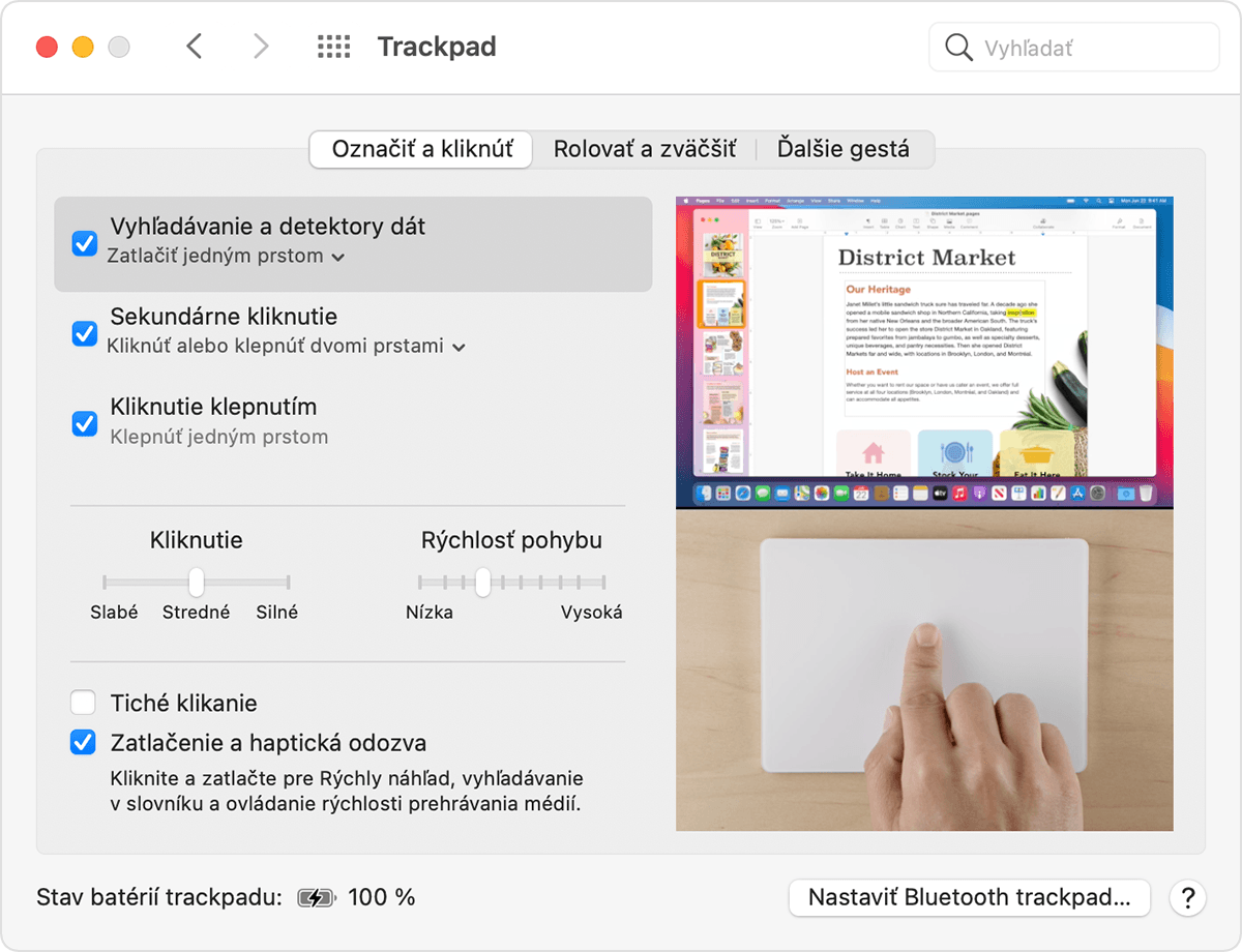 Okno nastavení trackpadu v systéme macOS