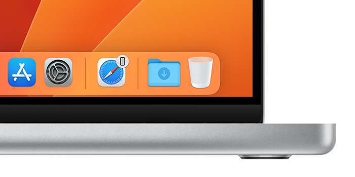 Dock i macOS – en Safari-symbol för Handoff visas