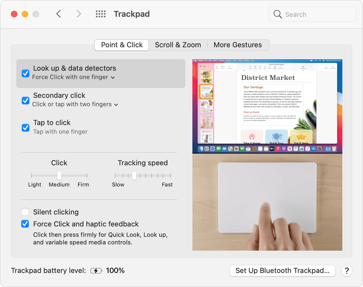 macOS Trackpad (Skārienpaliktnis) preferenču logs