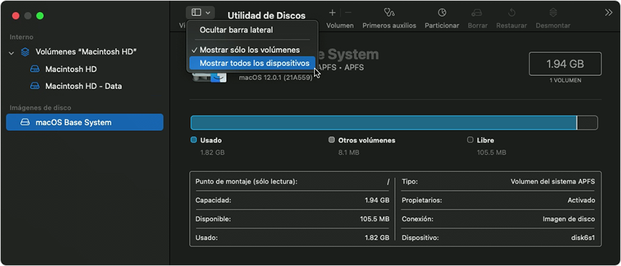 Elemento del menú Mostrar todos los dispositivos en Utilidad de Discos.