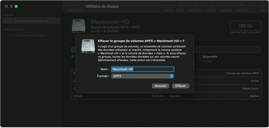 Invite affichée dans Utilitaire de disque pour effacer un groupe de volumes.