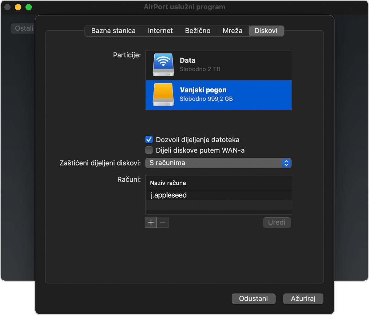 kartica Diskovi u prozoru AirPort uslužnog programa s uključenom opcijom „Omogući dijeljenje datoteka“