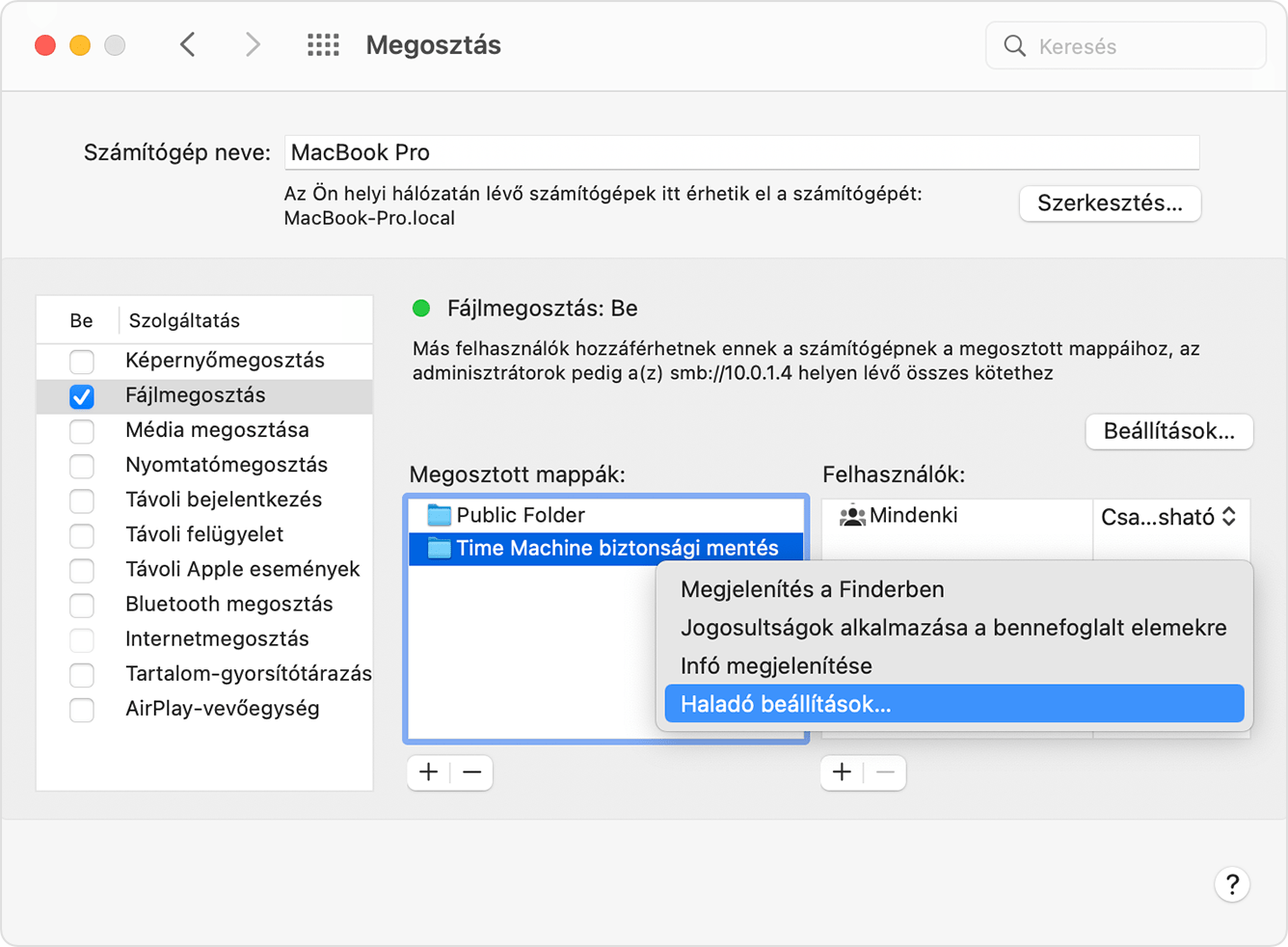 Megosztási beállítások, Haladó beállítások