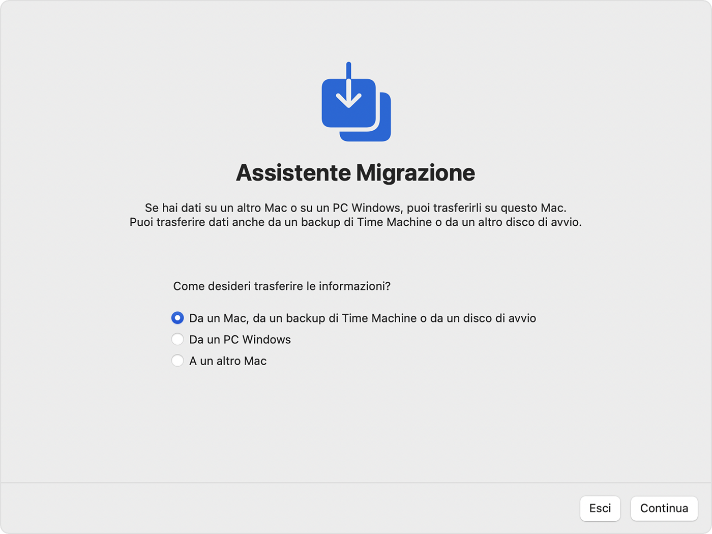 Opzione “Da un Mac, da un backup di Time Machine o da un disco di avvio” selezionata in Assistente Migrazione.