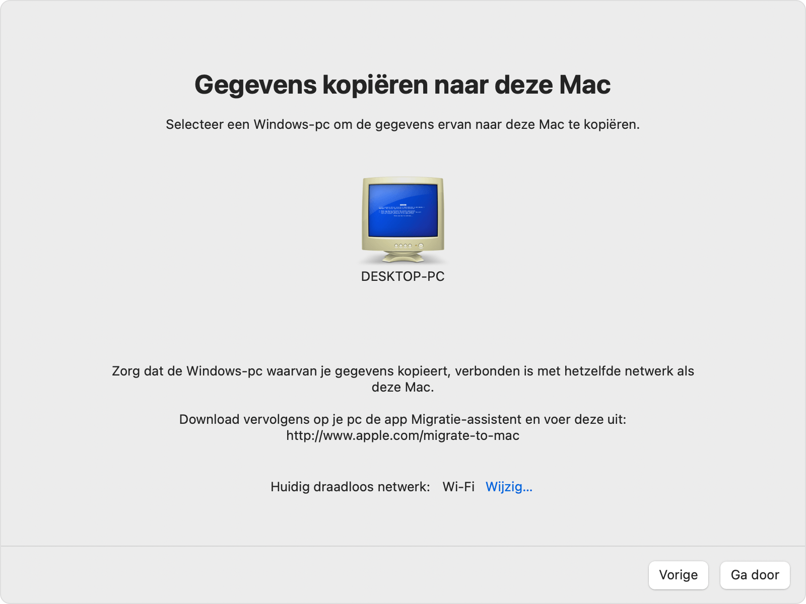 Migratie-assistent op pc: zet gegevens over naar deze Mac