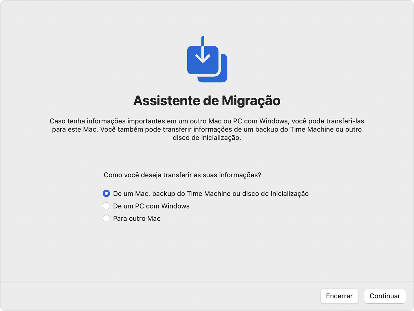 Assistente de Migração com a opção "De um Mac, backup do Time Machine ou disco de Inicialização" selecionada.