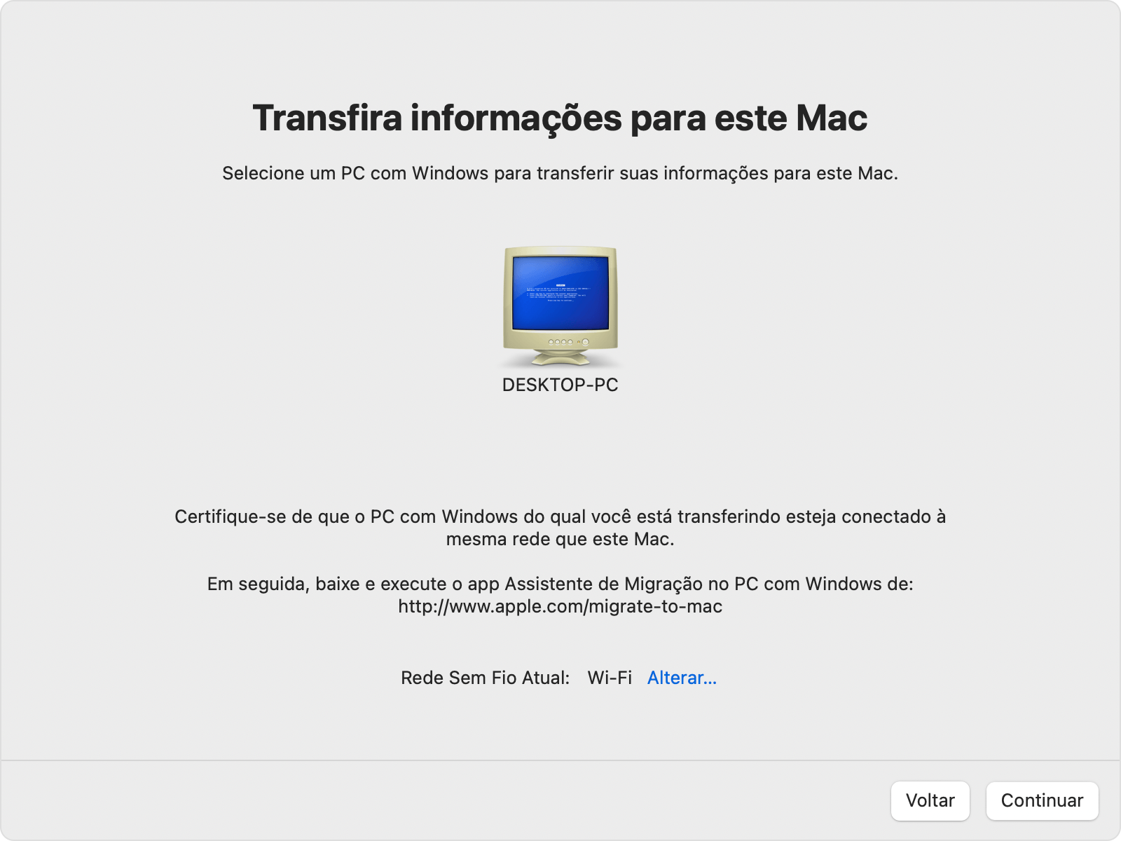 Assistente de Migração no PC: transferir informações para este Mac