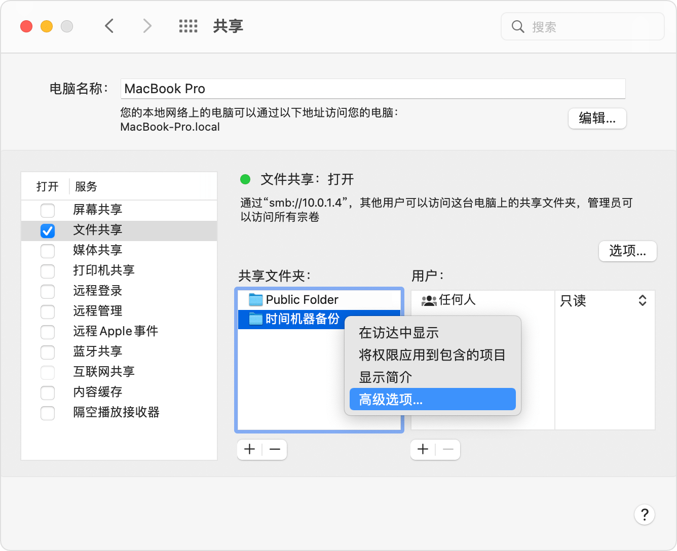 “共享”偏好设置、“高级选项”